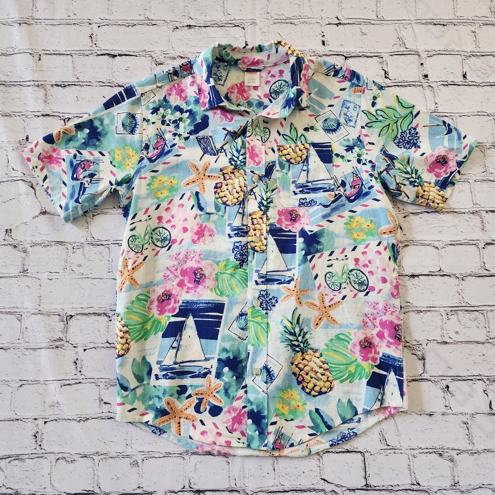 Gymboree Boys Size 12 Tropical Sailboat Pineapple Linen Blend Button Down Shirt